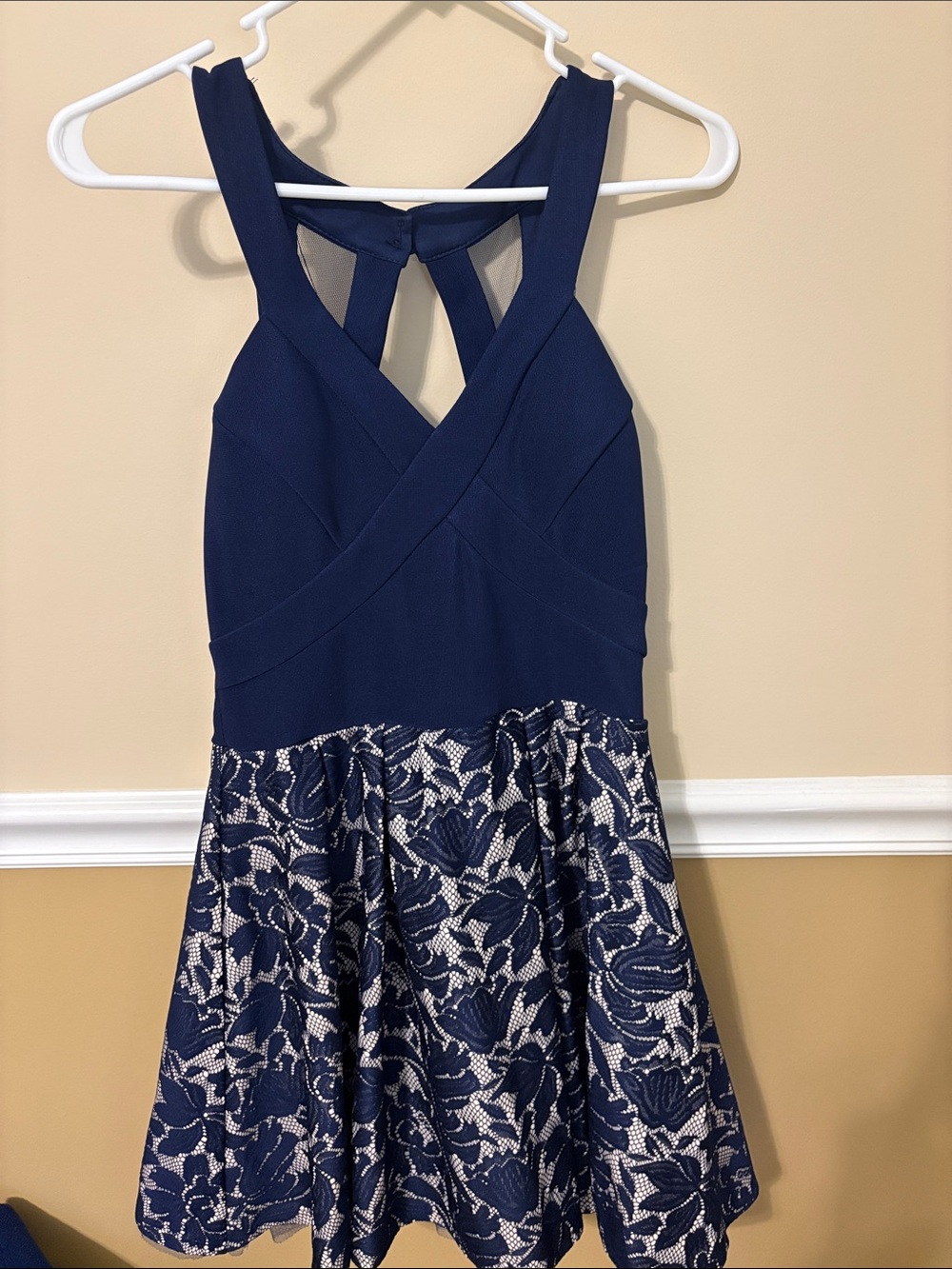 Crystal Doll Navy & White Lace Fit-and-Flare Prom Dress